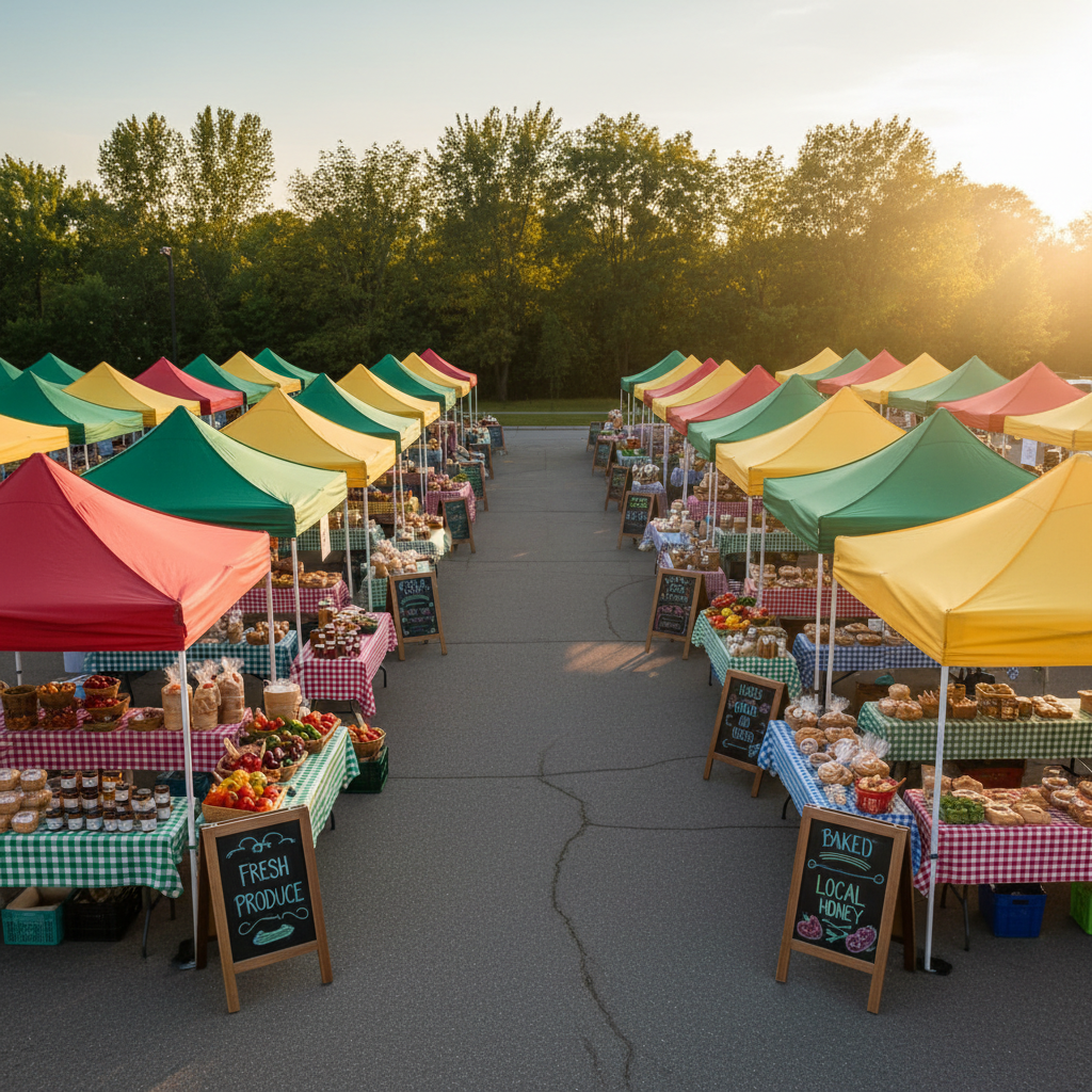 An inviting, wide-angle photographic scene of the North Oshawa Farmers’ Market layout as seen from slightly above, showing a neat grid of colorfully striped canopy tents in red, green, and yellow. Each stall’s tables are covered with checked tablecloths and arranged with baskets of produce, jars of preserves, and neatly wrapped baked goods. Chalkboard sandwich signs stand at the ends of each aisle on the paved surface. Golden hour evening light in late summer bathes the entire market in a warm glow, casting long, soft shadows between tents. Lush green trees frame the background, and the sky is a clear pastel blue. The composition uses leading lines from the aisles to guide the eye inward, creating a lively, playful, yet organized atmosphere in realistic photographic style.