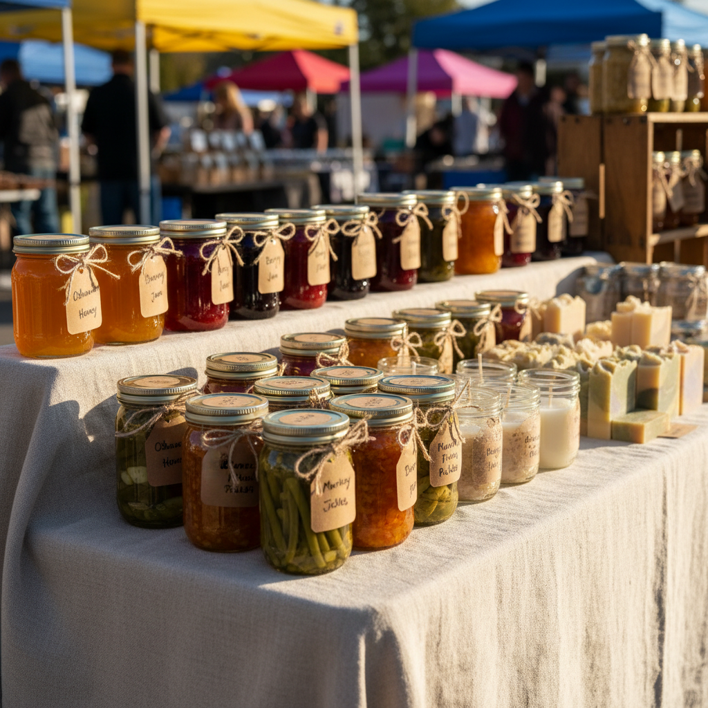 A detailed, close-up photographic composition of an artisanal display table at the North Oshawa Farmers’ Market, covered in a natural linen cloth. On the table sit rows of glass jars filled with amber honey, jewel-toned jams, and pickled vegetables, each with kraft paper labels and twine bows. Beside them are hand-poured soy candles in small mason jars, and neatly stacked handmade soap bars marbled in soft greens and creams. Late morning sunlight filters through from the side, catching on the glass jars and creating tiny star-like reflections while casting gentle shadows behind each item. The background is softly blurred, hinting at other market stalls with colorful tents. The mood is charming and playful, with an emphasis on small-batch craftsmanship in crisp, realistic photographic detail.